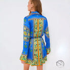 Collared Tied Waist Positioning Print Holiday Long Sleeve Dress Women