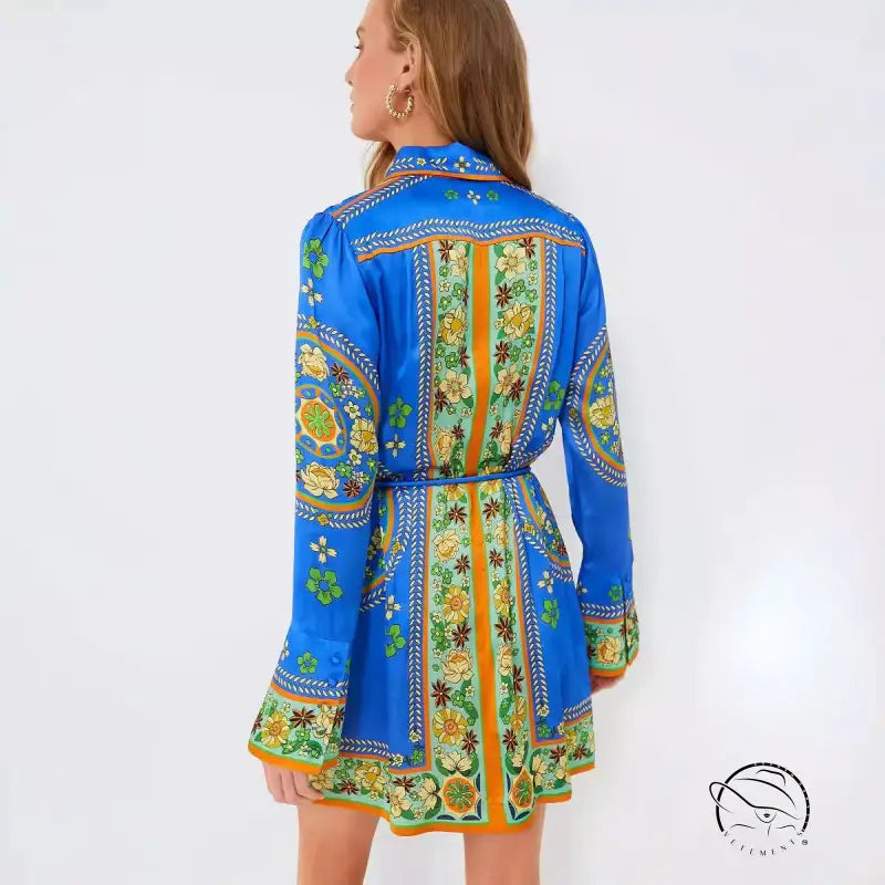 Collared Tied Waist Positioning Print Holiday Long Sleeve Dress Women