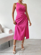 Pink one-shoulder midi dress from the Elegant Sleeveless Shoulder Slit Dress collection in fashion