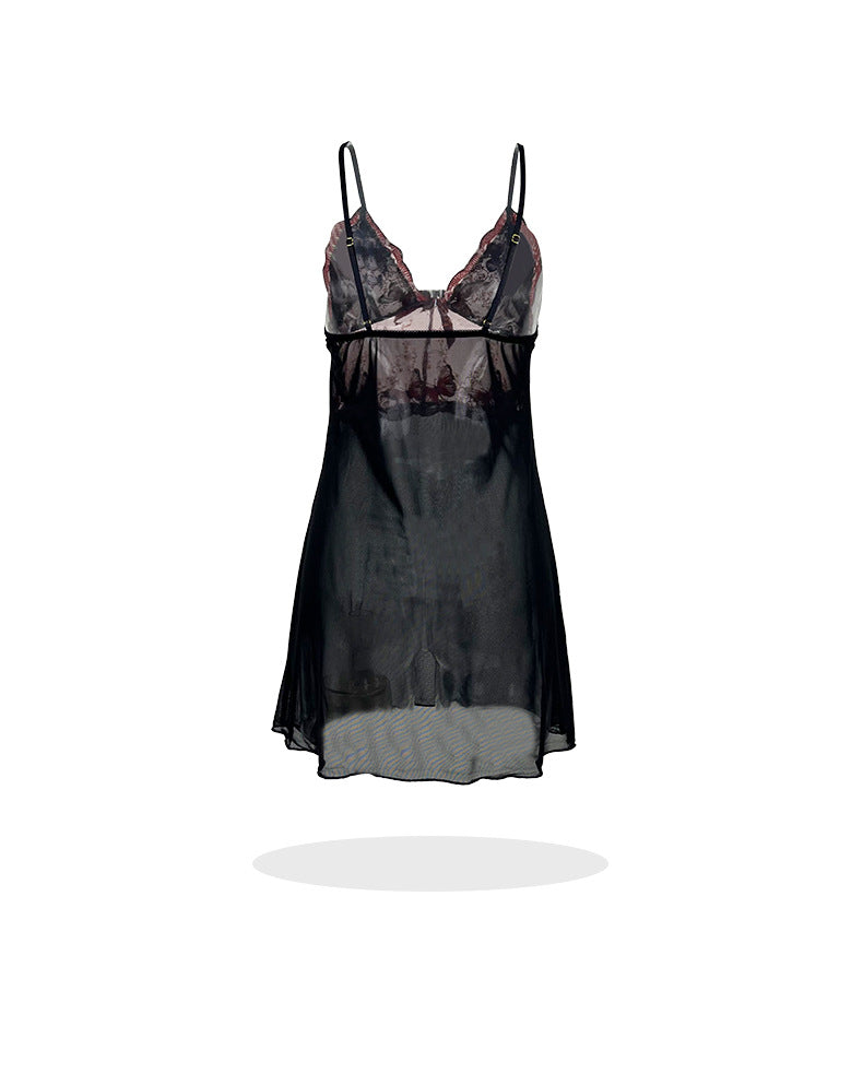 Black lace butterfly embroidery nightdress with sheer overlay