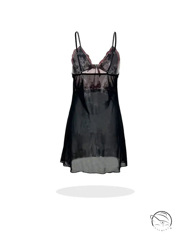 Black lace butterfly embroidery nightdress with sheer overlay