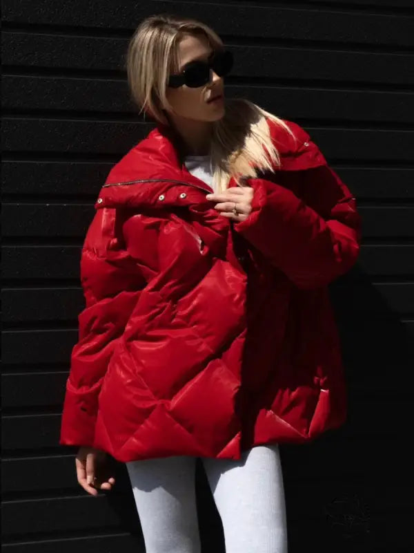 Red langry puffer jacket in fashion ملابس with silver accents and hood