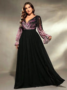 Black lace plus size long sleeve ball gown evening dress with sheer sleeves and floral embroidery inspired by Marchesa