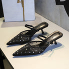 Langry fashion black studded mule heels with pointed toes and low kitten heel