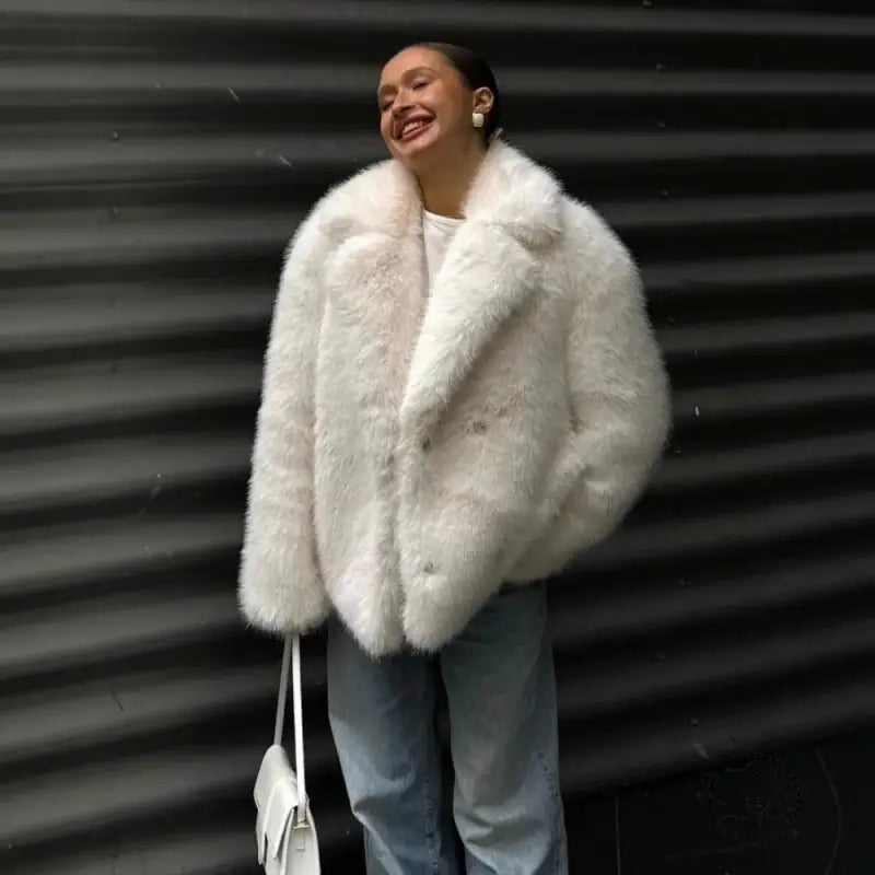 Winter warm faux fur coat with white fluffy faux fur and silver details
