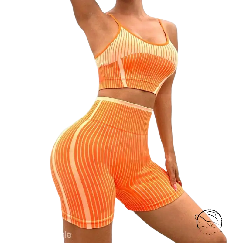 Orange and cream striped high waist bum lift workout set