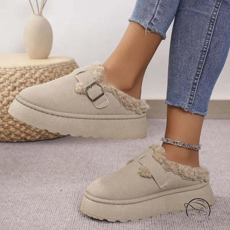 Beige platform mule shoes in Langry casual thermal cotton slippers fashion