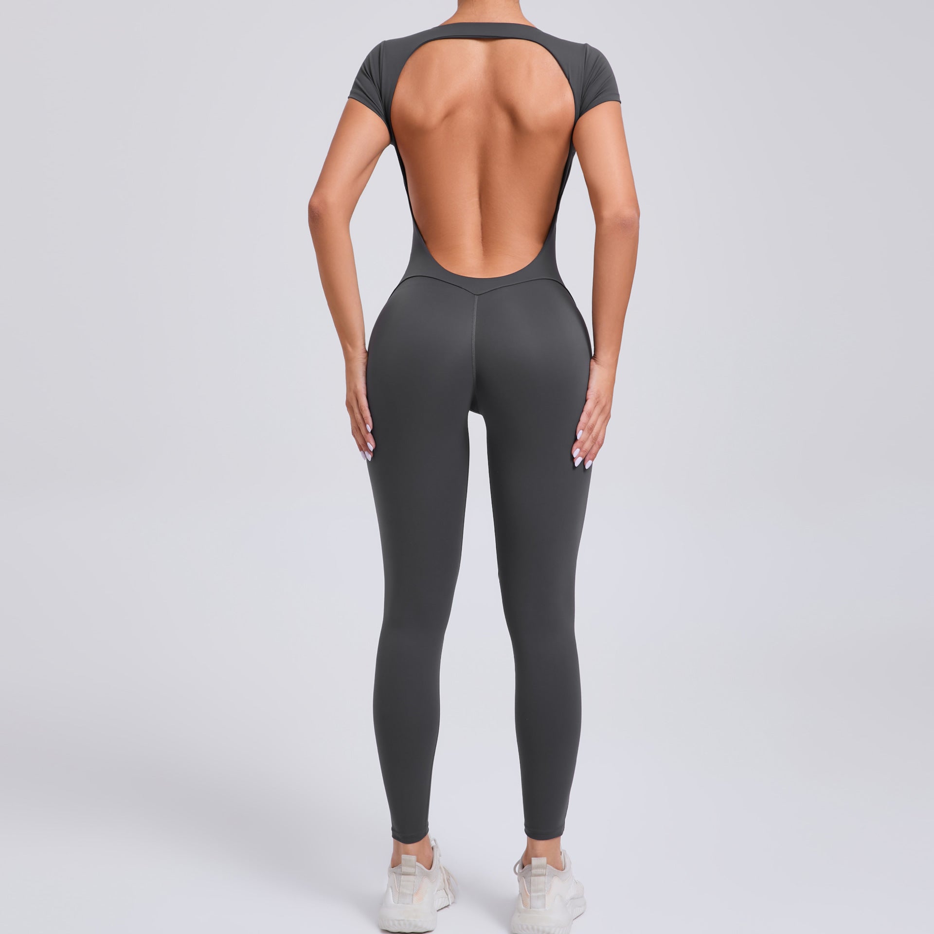 Sleek dark gray langry fashion yoga bodysuit with cutout back