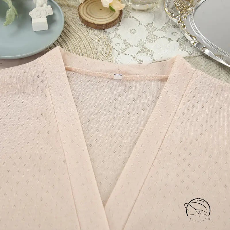 Soft blush pink mesh-knit v-neck cardigan in Langry fashion homewear set