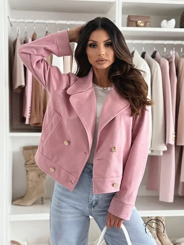 Pink suede slim collared button short coat, langry fashion ملابس