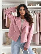 Pink suede slim collared button short coat, langry fashion ملابس