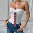 Langry fashion white satin strapless top with striped tie belt