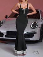 Elegant langry black mermaid fashion dress with white bow
