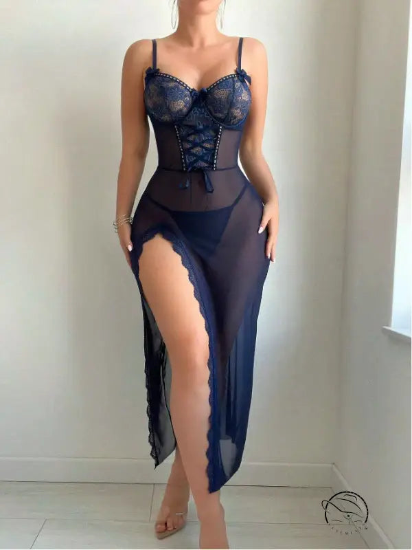 Navy blue lace sheer mesh teddy with high-slit skirt in mesh lingerie sets