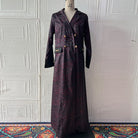 Langry British mid-length trench coat in dark purple leopard print with gold buttons