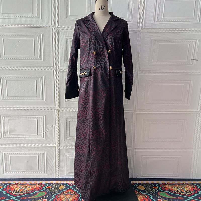 Langry British mid-length trench coat in dark purple leopard print with gold buttons