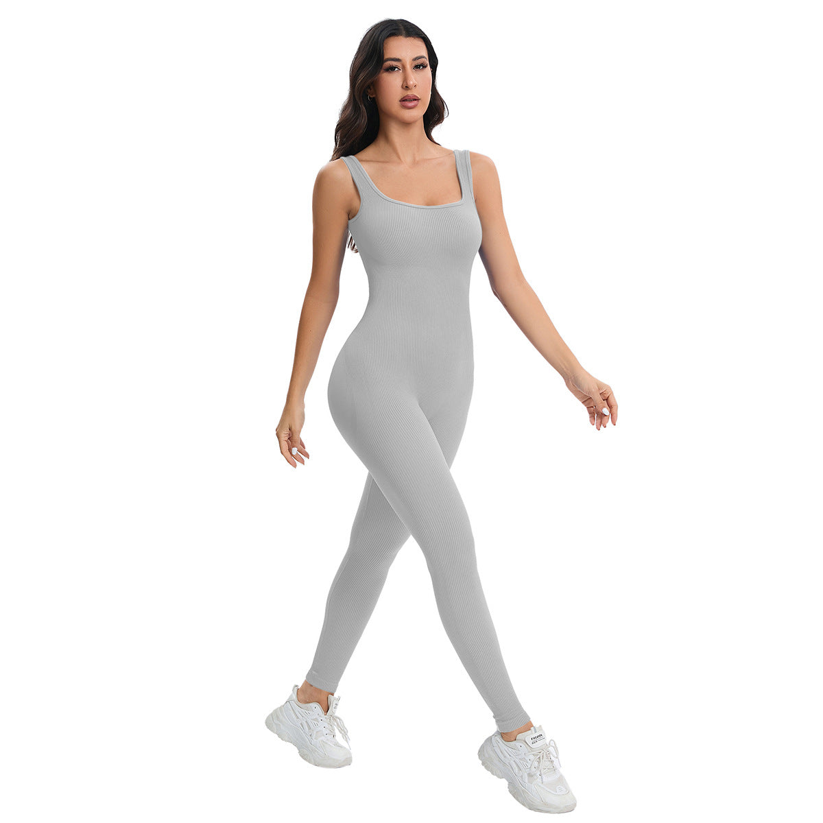 Langry breathable seamless knitted peach hip slim fit gray ribbed bodysuit