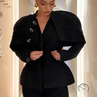 Langry retro black slim peplum top with gold buttons and capelet, fashion ملابس