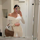 Elegant langry fashion white off-shoulder long-sleeve wrap bodysuit jumpsuit