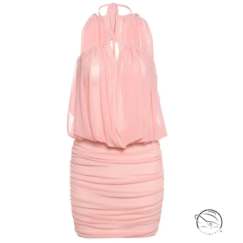Stunning vest mesh pleats dress with pink halter-neck ruched design