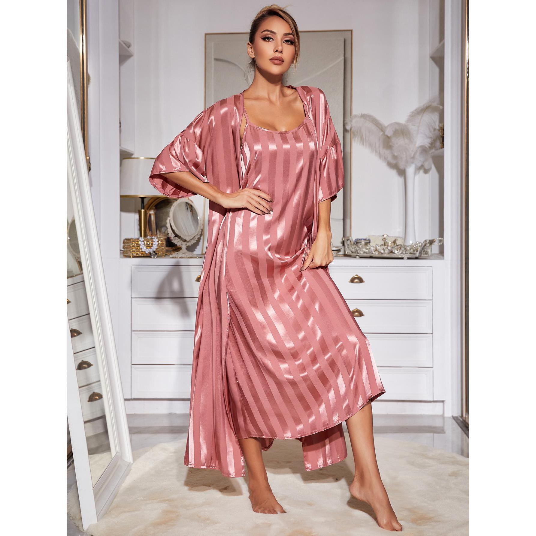 Langry rose gold satin nightgown in silk home wear set, fashion ملابس