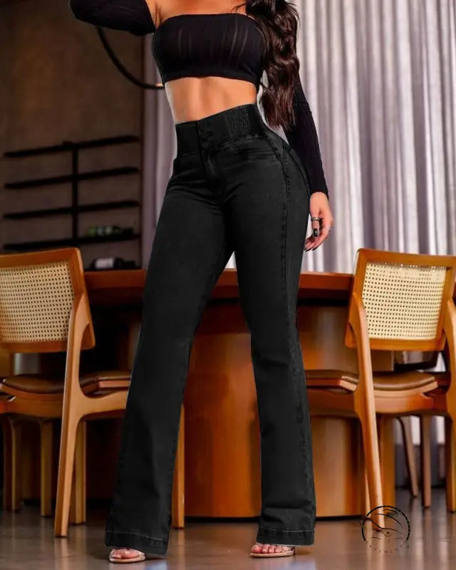 Black high-waisted flared jeans with stretch hip lifting denim