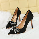 Langry fashion black satin stiletto heels with rhinestone bow
