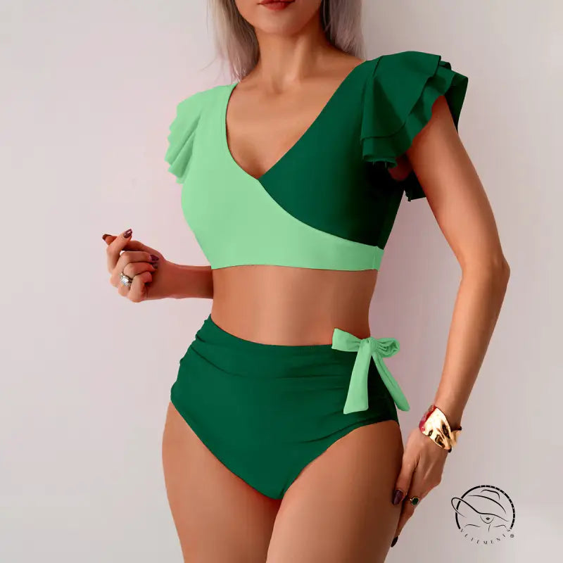 Stunning high waist bikini in two-tone green ruffled swimsuit
