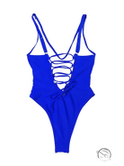 Vibrant royal blue one-piece swimsuit with lace-up back