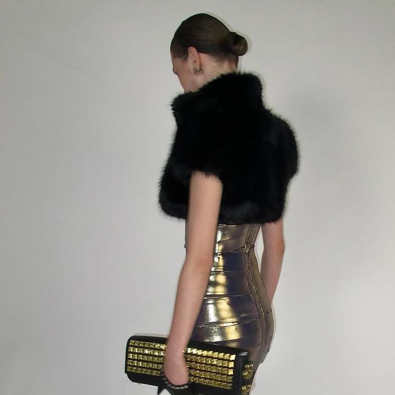 Langry black fur vest with gold studs, winter fashion top