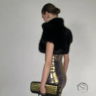 Langry fashion winter furry short cropped black fur vest with gold studs