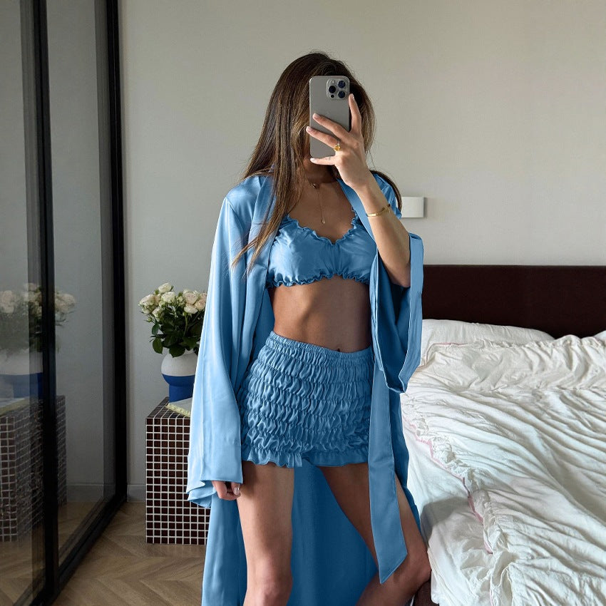 Pleated Satin Comfortable Shorts Cardigan Pajamas Three Piece Sets