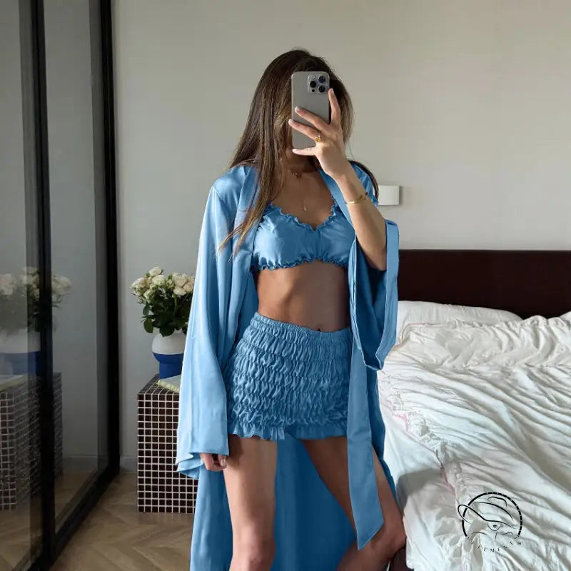 Pleated satin blue smocked shorts, top, and robe loungewear set
