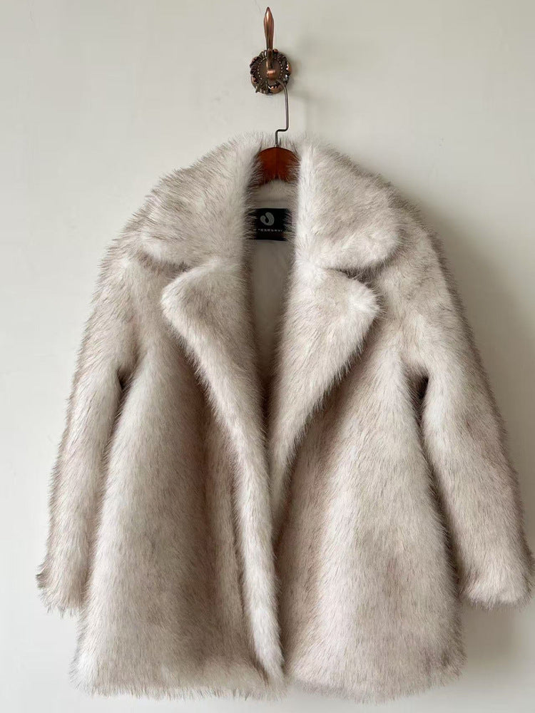 Warm collar mid-length faux fur jacket in cream with black label