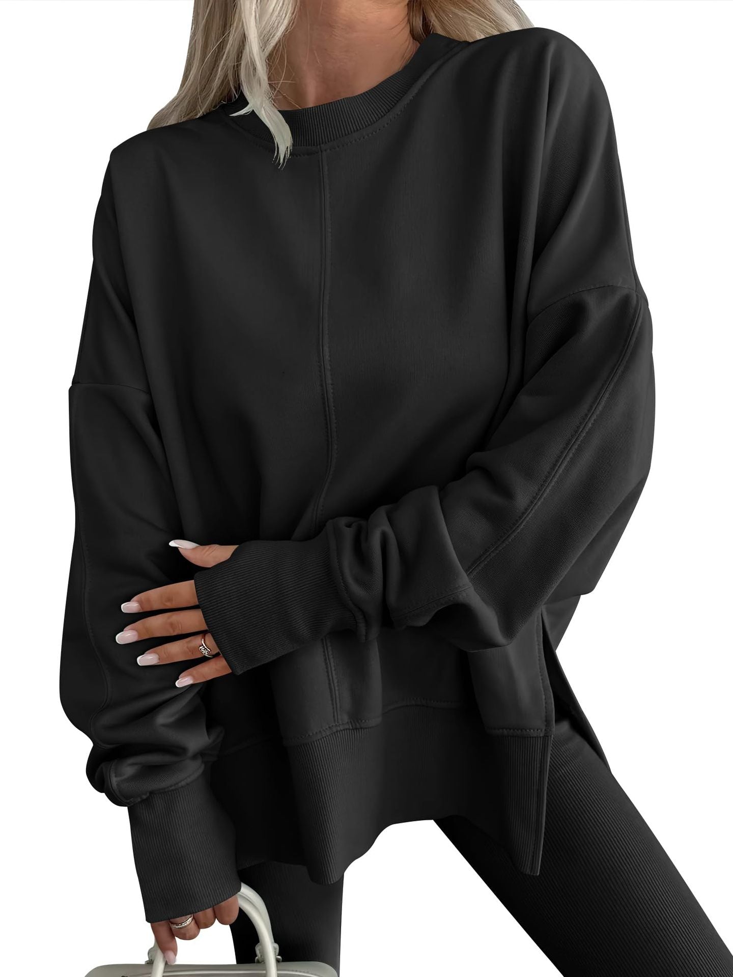 Elegant black satin langry blouse with long sleeves and tie waist, casual loose round neck pullover fashion