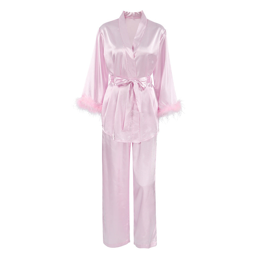 Pink satin pajama set with feather trim from Pink Cardigan Lace Up Feather Homewear, luxurious feather homewear