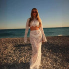 Woman in slim fit hollow lace tops skirt two-piece set