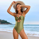 Olive green one-piece swimsuit with cutout and tie detail, perfect for summer fashion