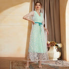 Enchanting high waist A-line fairy dress in mint green floral with teal belt