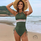 Green langry one-piece swimsuit with striped waistband and halter neckline