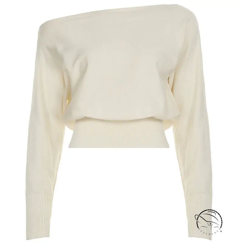 Cream off-shoulder langry fashion sweater with ribbed details