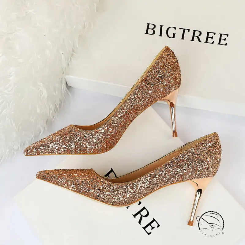 Sparkly gold stiletto heels in Langry fashion style