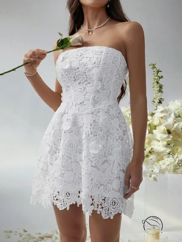 White lace strapless beautiful short dress evening gown