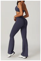 Woman wearing a blue athletic set with Casual Sports Wide Leg Pants in fashionable style