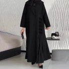 Black abaya trench coat with lace detailing and hooded collar