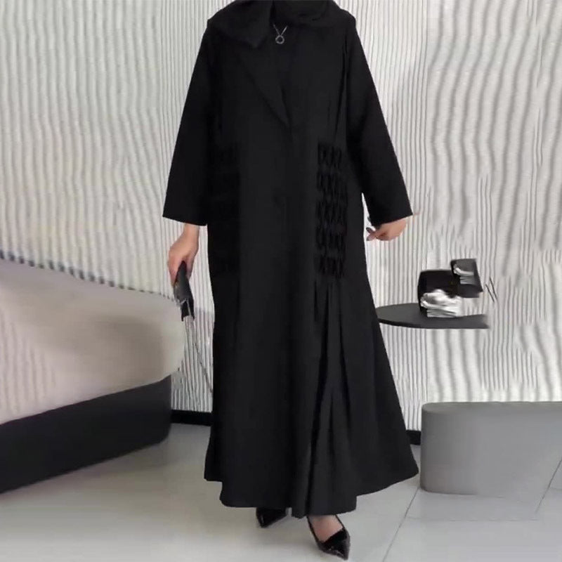 Black abaya trench coat with lace detailing and hooded collar