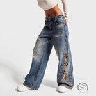 Fashionable high waist langry wide-leg denim trousers in blue wash with floral embroidery