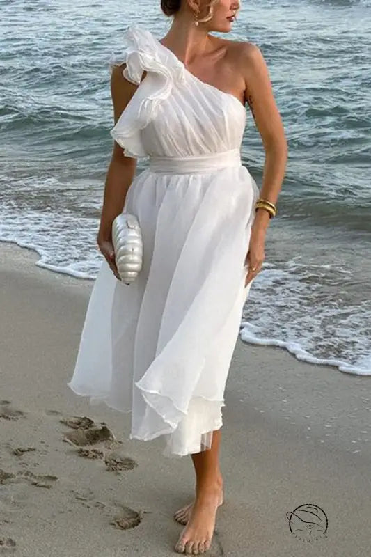 Stunning backless dress with flowing one-shoulder white ruffles and midi hem