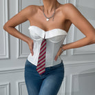Langry fashion cute lace-up steel ring corset in white off-shoulder bustier with red gray striped tie belt and silver heart necklace