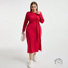 Elegant high waist lace up red long-sleeved tie-waist sheath dress